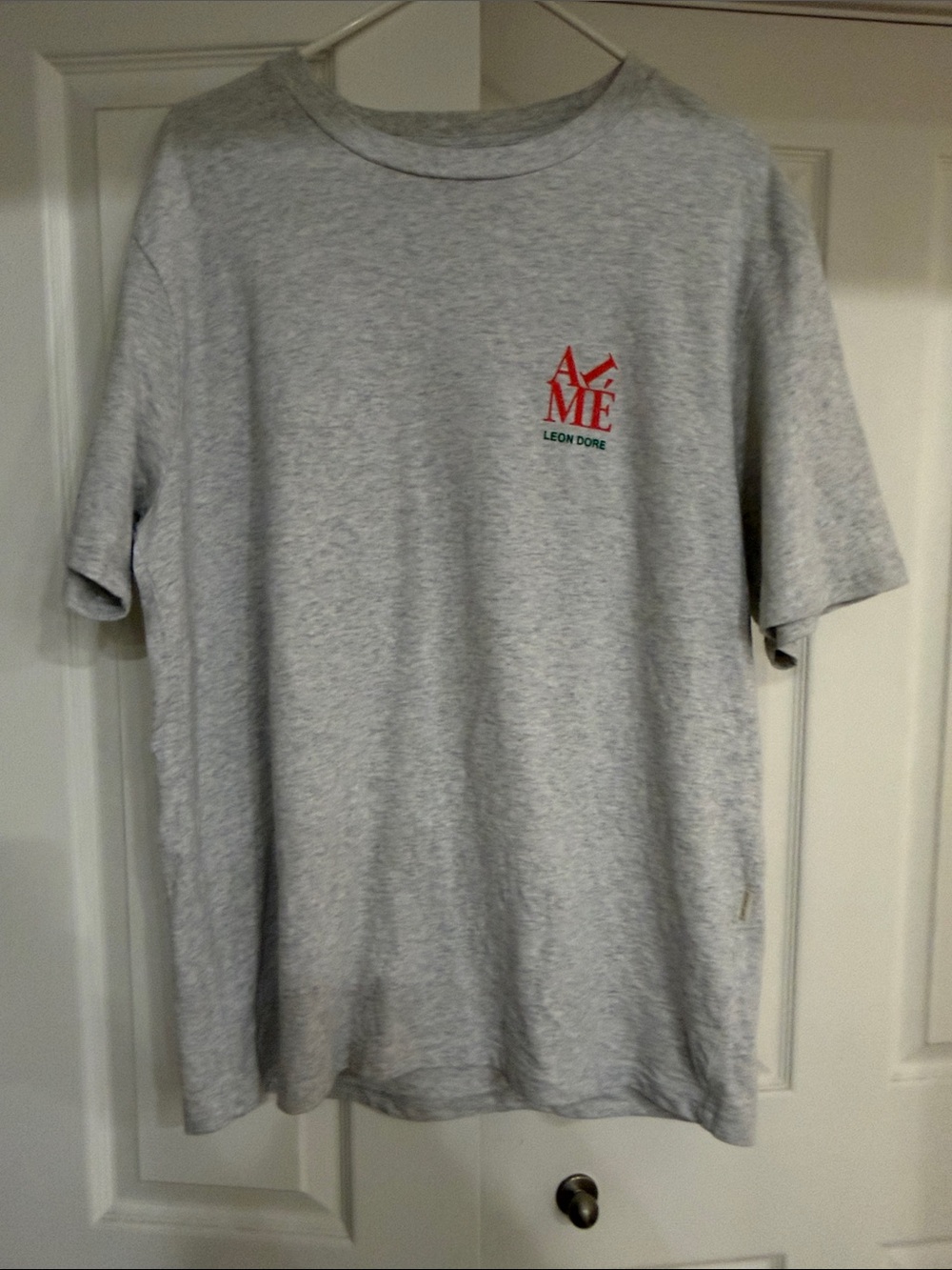 Aime Leon Dore Light Gray Short‑Sleeve Crew with Red Chest Logo
